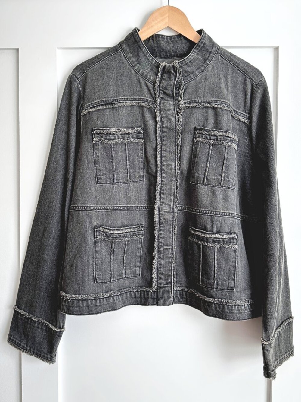 J.Jill Shadowwash Fringed Denim Jacket Black Raw Edge Patch-Pocket Large